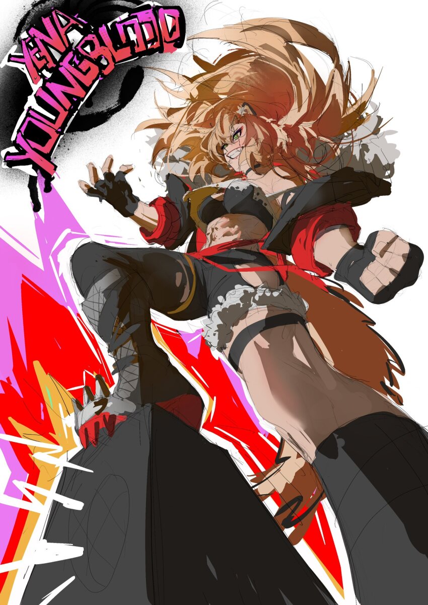 1girl black_boots black_gloves black_jacket black_pants blonde_hair boots breasts chocorivarts fingerless_gloves fur-trimmed_jacket fur_trim gloves highres hyena_ears hyena_girl hyena_tail idol_corp jacket long_hair looking_at_viewer medium_breasts pants smile solo thigh_strap very_long_hair virtual_youtuber yena_youngblood yena_youngblood_(1st_costume)