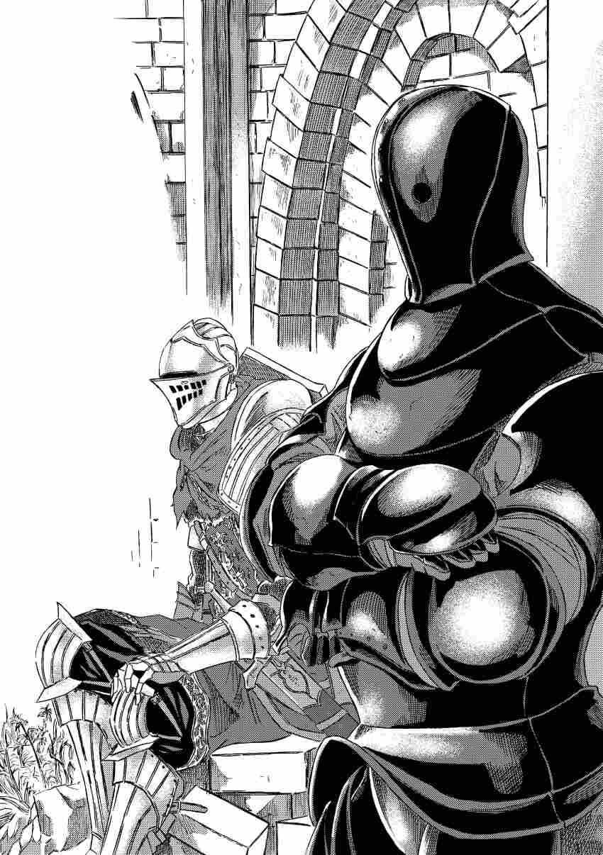2boys 913kousatu absurdres anri_of_astora armor black_armor breastplate brick_wall commentary_request dark_souls_(series) dark_souls_iii feet_out_of_frame full_armor gauntlets grass greyscale highres horace_the_hushed knight male_focus monochrome multiple_boys pauldrons shoulder_armor sitting standing tunic