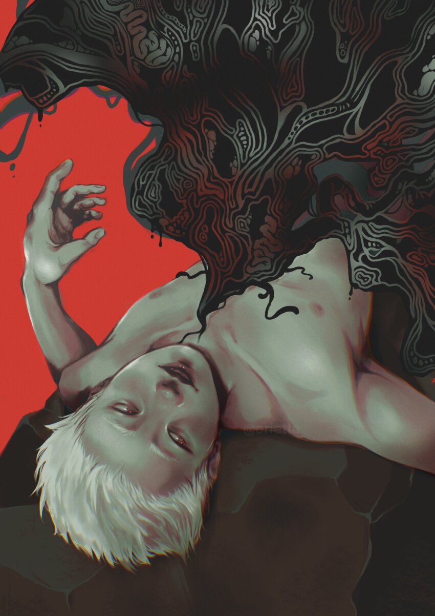 1boy body_horror collarbone eriette_g highres hikaru_(hikaru_ga_shinda_natsu) hikaru_ga_shinda_natsu lips lying male_focus nipples nose nude on_back red_background red_eyes short_hair simple_background skinny solo very_short_hair white_hair