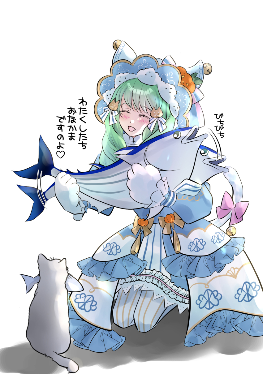 1girl animal animal_ears cat cat_ears cat_girl cat_tail closed_eyes facing_to_the_side fake_animal_ears fake_tail fire_emblem fire_emblem:_three_houses fire_emblem_heroes fish flayn_(fire_emblem) flayn_(halloween)_(fire_emblem) green_hair hair_ornament hairclip highres holding holding_animal holding_fish kazu20200224 nintendo open_mouth swept_bangs tail
