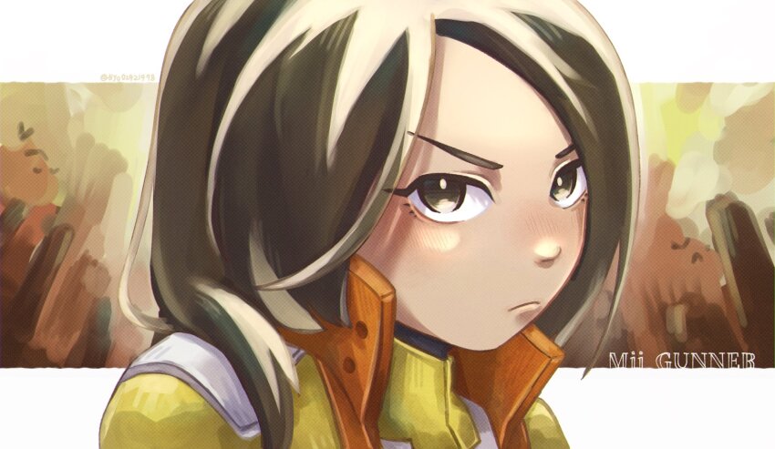 1girl animification black_eyes black_hair blush brown_eyes brown_hair character_name closed_mouth frown highres jacket long_hair looking_at_viewer medium_hair mii_(nintendo) mii_gunner mii_gunner_(smash_ultimate) nintendo nyo02921978 ponytail portrait pout short_hair solo super_smash_bros. upper_body v-shaped_eyebrows