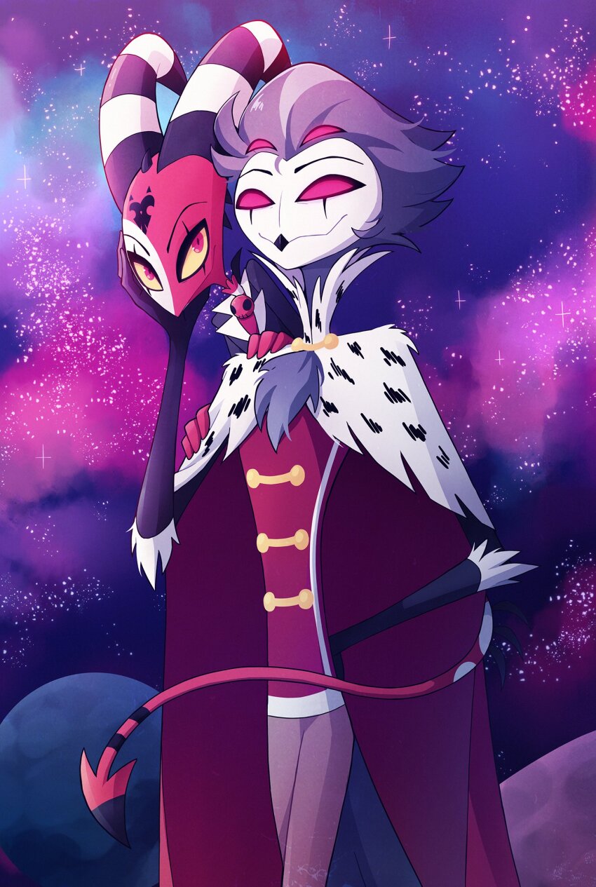 2boys black_skin blitzo_(helluva_boss) cape cheer_(cheerpuppy14) closed_mouth colored_sclera colored_skin cowboy_shot heart heart_print helluva_boss highres horns multicolored_hair multiple_boys no_pupils pants pink_eyes red_cape red_sclera red_shirt red_skin shirt short_hair sky smile star_(sky) starry_sky stolas_(helluva_boss) striped_horns two-tone_hair white_cape white_skin yellow_sclera