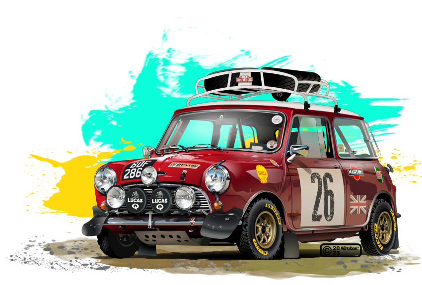 artist_name car castrol dated dunlop highres martini_(brand) mini_cooper motor_vehicle nimbus_goldbrum no_humans race_vehicle racecar rally_car rear-view_mirror red_car shell_(company) spare_tire union_jack unused_tire vehicle_focus