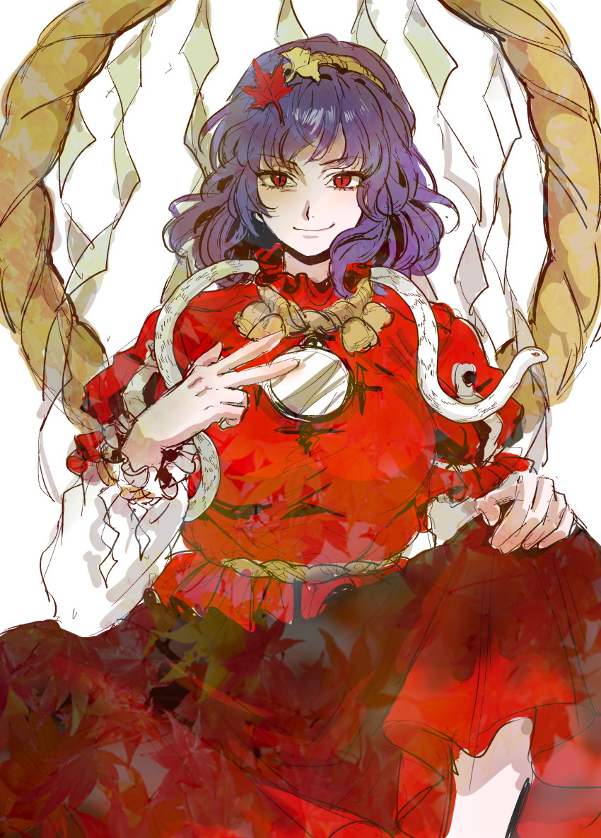 1girl absurdres breasts highres kuya_(hey36253625) long_skirt looking_at_viewer mirror mishaguji mountain_of_faith purple_hair short_hair simple_background skirt smile snake solo touhou white_background white_snake yasaka_kanako
