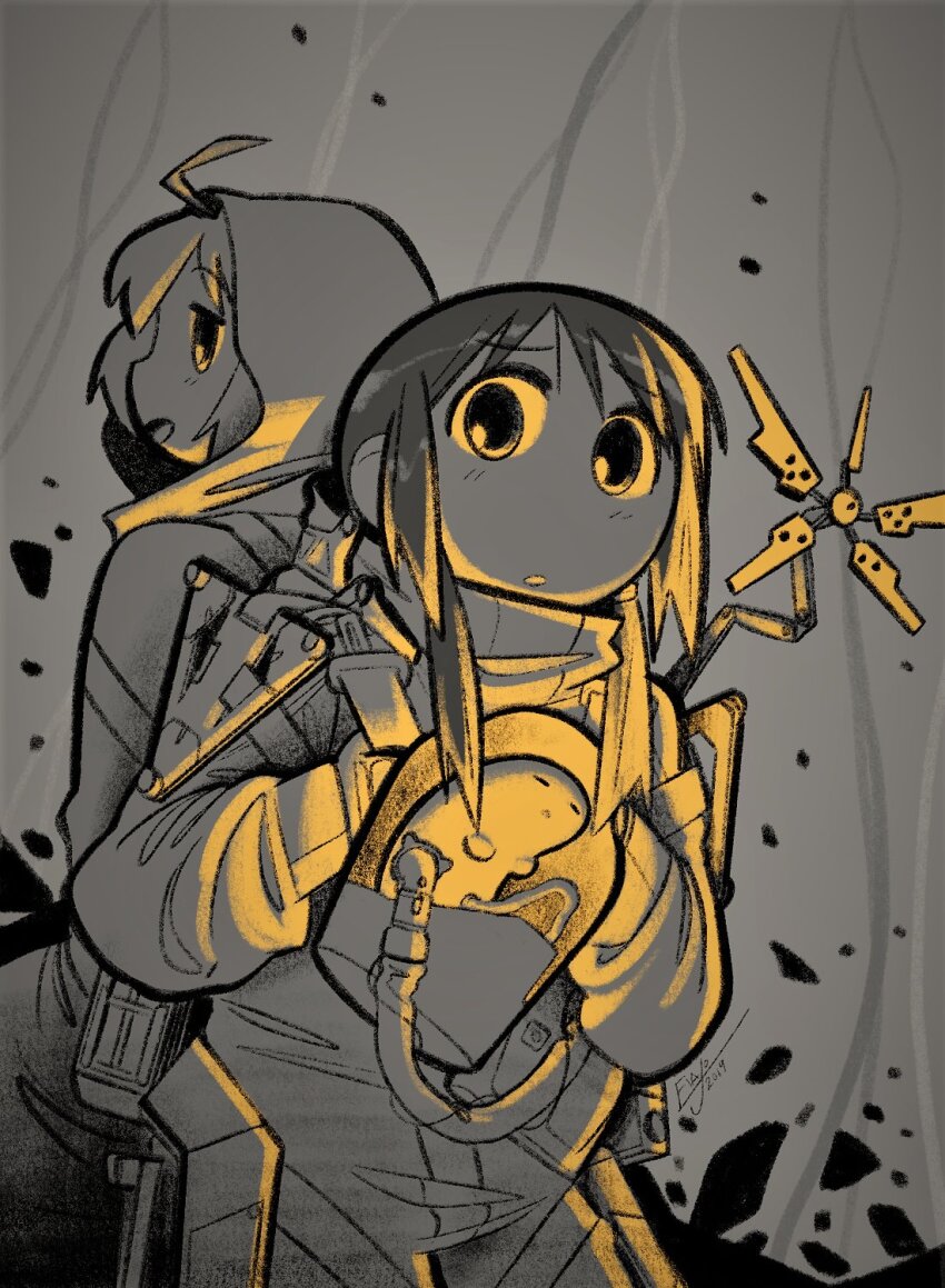 2019 2girls chito_(shoujo_shuumatsu_ryokou) cosplay death_stranding glowing highres long_hair looking_at_viewer multiple_girls murmurlilies open_mouth profile sam_porter_bridges sam_porter_bridges_(cosplay) shoujo_shuumatsu_ryokou signature standing yuuri_(shoujo_shuumatsu_ryokou)