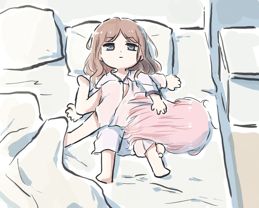 2girls bang_dream! bang_dream!_it&#039;s_mygo!!!!! blue_eyes brown_hair chihaya_anon commentary_request dress highres long_hair long_sleeves lying lyy multiple_girls nagasaki_soyo on_back on_bed on_stomach pajamas pillow pink_hair pink_shorts shorts sidelocks sleeping sleeping_on_person white_dress yuri