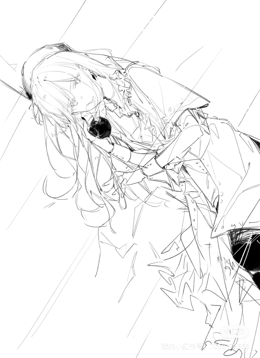 1girl apple ascot bang_dream! bang_dream!_it&#039;s_mygo!!!!! beret brown_hair capelet commentary_request dkl_(dinosaurkl2) earrings food fruit greyscale hat highres jewelry lying monochrome mortis_(bang_dream!) mortis_(costume)_(bang_dream!) on_side sidelocks solo wakaba_mutsumi