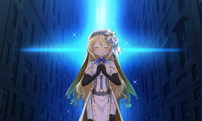 1girl alley artist_request backlighting belt belt_buckle black_belt black_ribbon black_thighhighs blonde_hair blue_collar brown_veil buckle buttons capelet closed_eyes closed_mouth collar cross-laced_clothes cross-laced_collar cross-laced_dress detached_collar dot_nose dress expressionless feet_out_of_frame flower frown game_cg hair_between_eyes hair_flower hair_ornament hair_ribbon high_collar interlocked_fingers light_blush light_particles lily_(flower) long_dress long_hair magia_record:_mahou_shoujo_madoka_magica_gaiden mahou_shoujo_madoka_magica miniskirt neck_ribbon nun official_alternate_costume official_art own_hands_clasped own_hands_together praying red_brooch ribbon side_slit skirt skirt_under_dress solo sparkle spider_web_hair_ornament straight-on thigh_belt thigh_strap thighhighs togame_momoko togame_momoko_(sister_ver.) torn_clothes torn_ribbon torn_veil two-sided_veil veil very_long_hair wavy_hair white_capelet white_dress white_flower white_ribbon white_skirt white_veil