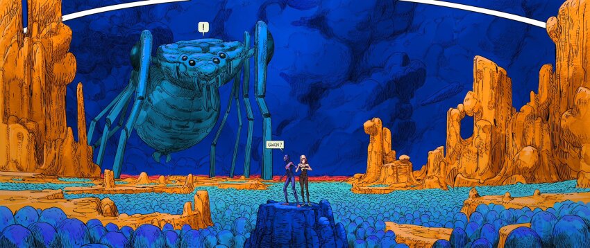 ! 1boy 1girl aymeric_kevin bodysuit color_contrast english_text full_body highres hood hooded_bodysuit long_sleeves marvel moebius_(style) monster on_rock original outdoors oversized_insect saturated scenery sky spider-gwen spider-man spider-man:_across_the_spider-verse spider-man_(series) spider-verse standing superhero_costume two-tone_bodysuit wide_shot