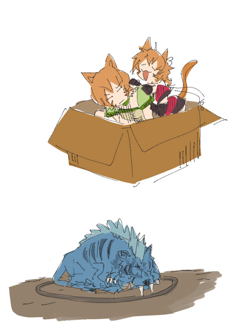 1boy 2girls animal_ears blue_fur box cat_ears cat_girl commentary_request fangs fire_emblem fire_emblem:_path_of_radiance fire_emblem:_radiant_dawn highres in_box in_container multiple_girls nintendo orange_hair short_hair sutekina_yari tail