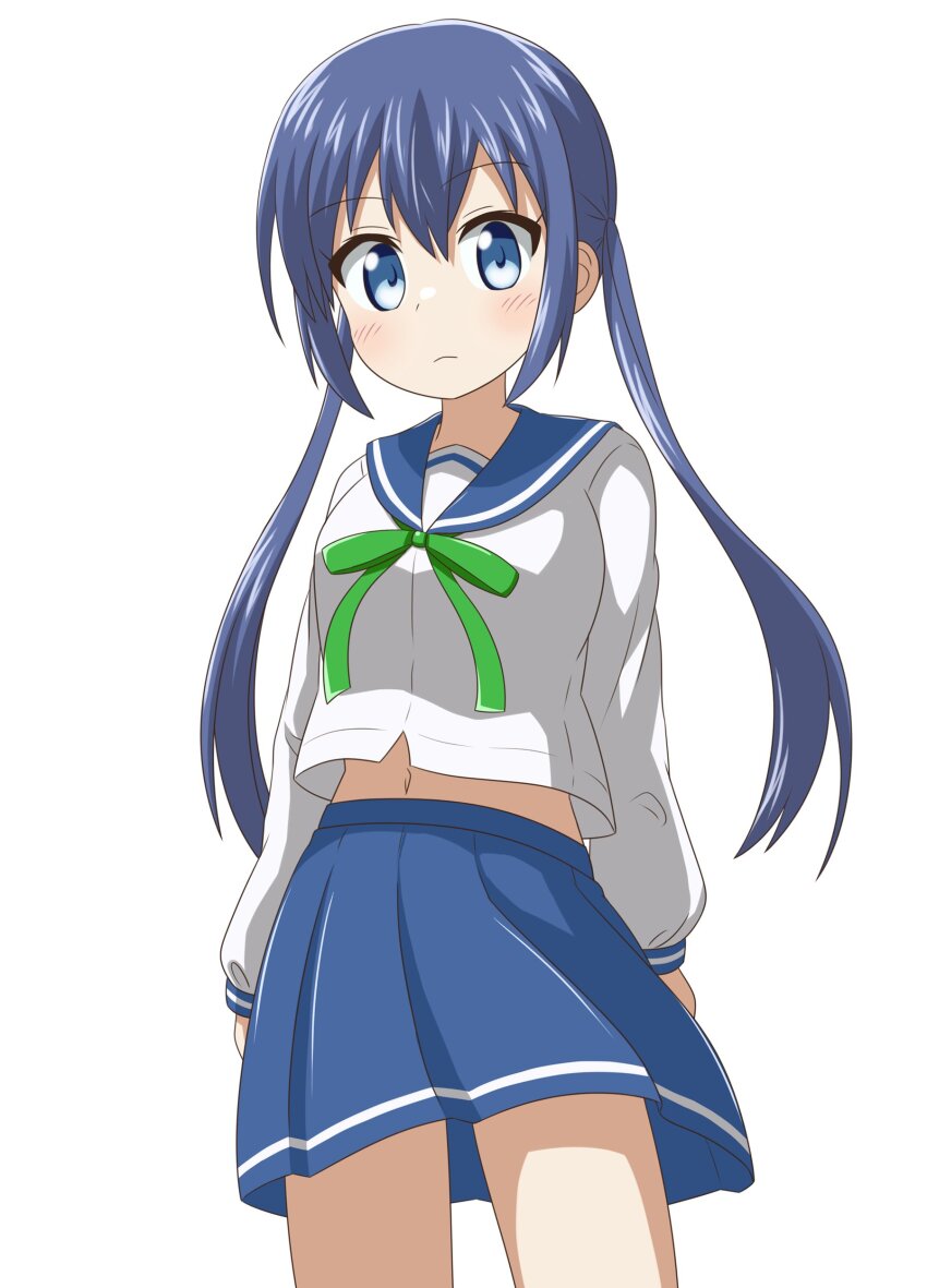 1girl absurdres blue_eyes blue_hair blue_sailor_collar blush closed_mouth clothes_lift dot_nose feet_out_of_frame female_focus highres koisuru_asteroid legs long_hair long_sleeves looking_at_viewer manaka_ao nanog_eb1994 navel sailor_collar school_uniform serafuku shirt shirt_lift simple_background skirt solo standing white_background