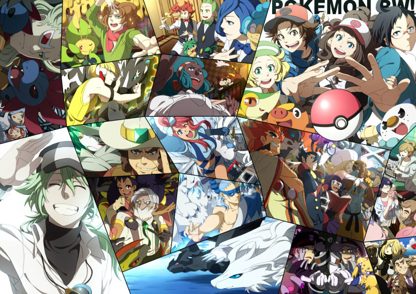 10s 6+boys 6+girls absolutely_everyone adventure_kajiya04 alder_(pokemon) aurea_juniper bad_id bad_pixiv_id baseball_cap beartic bianca_(pokemon) blonde_hair blue_hair book bow bowtie brown_hair brycen_(pokemon) burgh_(pokemon) caitlin_(pokemon) cedric_juniper chandelure cheren_(pokemon) chili_(pokemon) cilan_(pokemon) clay_(pokemon) conkeldurr copyright_name cress_(pokemon) cynthia_(pokemon) dark_skin drayden_(pokemon) elesa_(pokemon) elite_four emmet_(pokemon) everyone excadrill fennel_(pokemon) galvantula garbodor gen_3_pokemon gen_5_pokemon ghetsis_(pokemon) gloves green_hair grimsley_(pokemon) grin gym_leader hat haxorus headphones hilbert_(pokemon) hilda_(pokemon) hydreigon ingo_(pokemon) iris_(pokemon) leavanny legendary_pokemon lenora_(pokemon) looker_(pokemon) marshal_(pokemon) mask metagross mibu_hajime minccino multiple_boys multiple_girls musharna n_(pokemon) nintendo one_eye_closed oshawott panpour pansage pansear peaked_cap poke_ball poke_ball_(basic) pokemon pokemon_(creature) pokemon_bw red_hair reshiram shauntal_(pokemon) siblings skyla_(pokemon) smile snivy sparkle starter_pokemon_trio swanna team_plasma team_plasma_grunt tepig traditional_bowtie twins volcarona watchog wink zebstrika zekrom