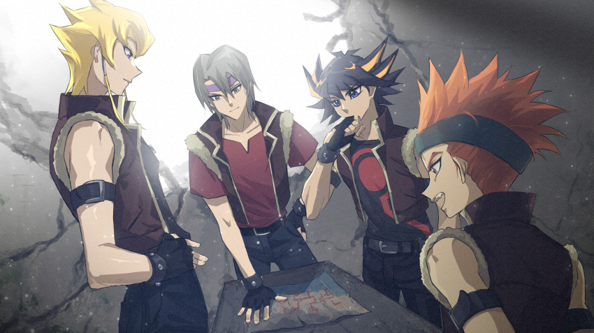 4boys abiiii armband belt black_belt black_gloves black_hair black_pants black_shirt blonde_hair blue_eyes blue_hairband brown_vest clenched_hand concrete crack cracked_wall crow_hogan dappled_sunlight facing_to_the_side facing_viewer fudo_yusei fur-trimmed_vest fur_trim gloves grey_eyes grey_hair hairband hand_on_table hand_to_own_mouth hands_on_own_hips highres jack_atlas kiryu_kyosuke leaning_on_table light_particles looking_at_object male_focus map multiple_boys official_alternate_costume open_clothes open_vest orange_hair outdoors pants paper partially_fingerless_gloves popped_collar purple_hairband raised_fist red_shirt shirt smile spiked_hair steel_beam sunlight table teamwork thinking vest wooden_table yu-gi-oh! yu-gi-oh!_5d&#039;s