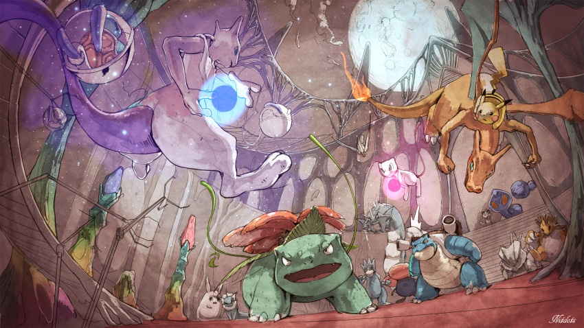 arbok blastoise chair fighting floating full_moon funeumi gen_1_pokemon golduck gyarados highres legendary_pokemon meowth mew_(pokemon) mewtwo moon mythical_pokemon nintendo no_humans open_mouth pidgeot pikachu pokemon pokemon:_the_first_movie_-_mewtwo_strikes_back pokemon_(anime) pokemon_(classic_anime) pokemon_(creature) rhyhorn sandslash signature squirtle umbrakinesis vaporeon venusaur vileplume weezing wigglytuff