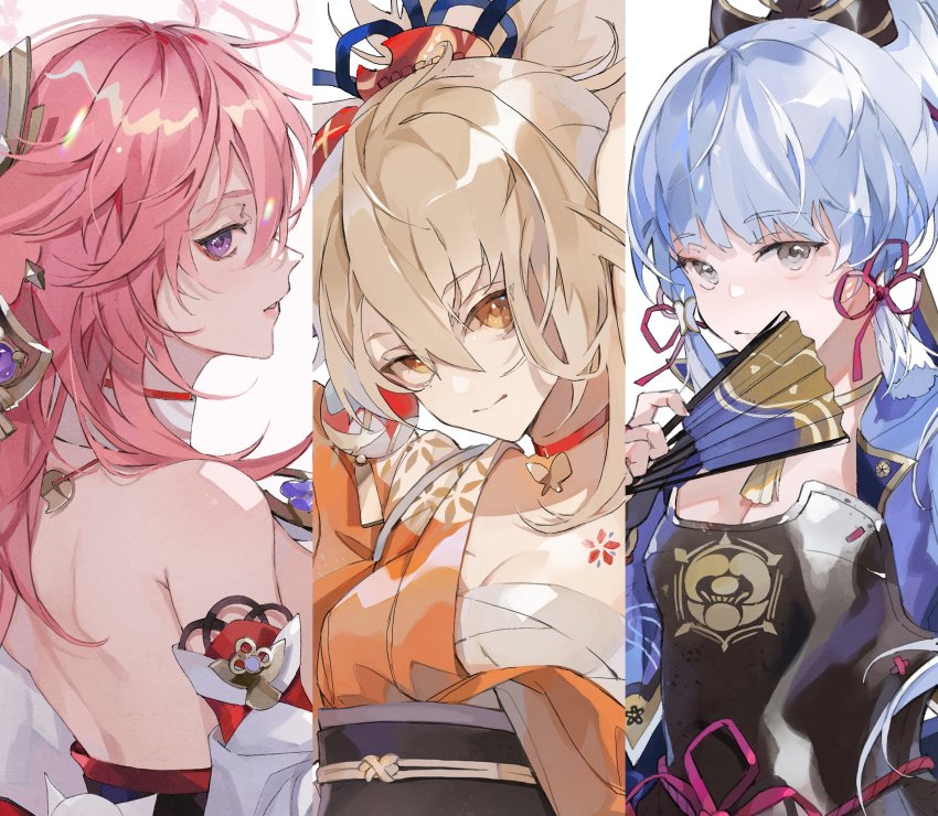 3girls animal_ears arm_up ayaka_(genshin_impact) back bandages bare_back bare_shoulders belt black_belt black_shirt blonde_hair blue_belt blue_bow blue_hair blue_vest bow brown_eyes brown_flower bug butterfly butterfly_wings chest_tattoo choker closed_mouth detached_sleeves dress earrings floral_print flower flower_tattoo folding_fan fox_ears from_behind genshin_impact gold grey_eyes grey_kimono grey_shirt hair_between_eyes hair_bow hair_ornament hand_fan hand_up highres holding holding_fan insect insect_wings japanese_clothes jewelry kamui_(kurohshiro1) kimono lips long_hair long_sleeves looking_at_viewer looking_back magatama magatama_necklace multiple_girls necklace open_clothes open_vest orange_dress orange_kimono pink_hair pink_ribbon ponytail purple_eyes red_choker red_flower ribbon sarashi shirt short_hair simple_background standing t-shirt tattoo teeth vest white_background wide_sleeves wings yae_miko yoimiya_(genshin_impact)