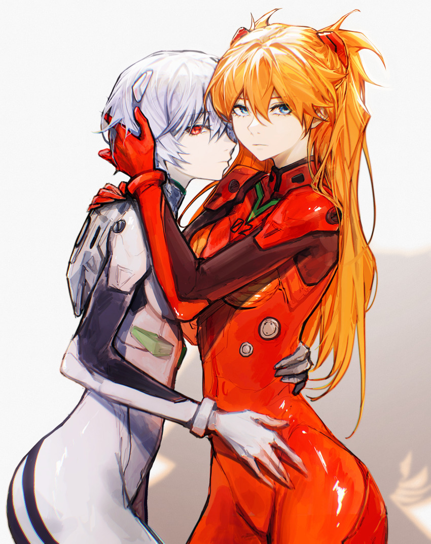 2girls absurdres ayanami_rei blue_eyes bodysuit breasts brown_hair deka_yo hair_between_eyes hair_ornament hand_on_another&#039;s_hip highres hug long_hair looking_at_viewer mecha_pilot_suit medium_breasts multiple_girls neon_genesis_evangelion plugsuit_(evangelion) red_bodysuit red_eyes shiny_clothes short_hair simple_background skin_tight souryuu_asuka_langley standing two_side_up very_long_hair white_background white_bodysuit wide_hips