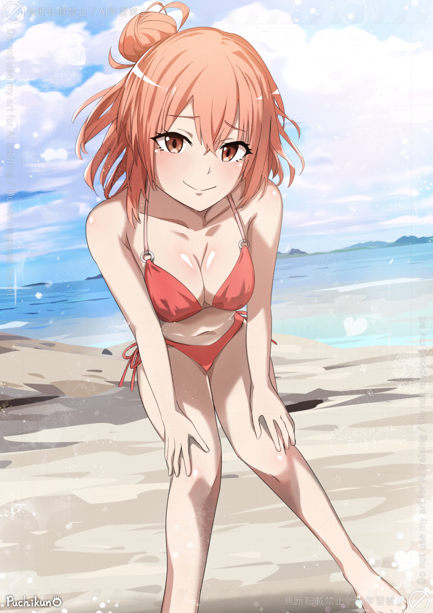 1girl beach bikini breasts breasts_squeezed_together cleavage closed_mouth cloud cloudy_sky collarbone commentary_request day foot_out_of_frame hair_bun hands_on_own_thighs highres horizon leaning_forward light_smile looking_at_viewer medium_breasts medium_hair navel o-ring o-ring_bikini ocean orange_eyes orange_hair outdoors puchikun red_bikini sand shore side-tie_bikini_bottom signature single_hair_bun single_side_bun sky solo standing swimsuit water watermark yahari_ore_no_seishun_lovecome_wa_machigatteiru. yuigahama_yui