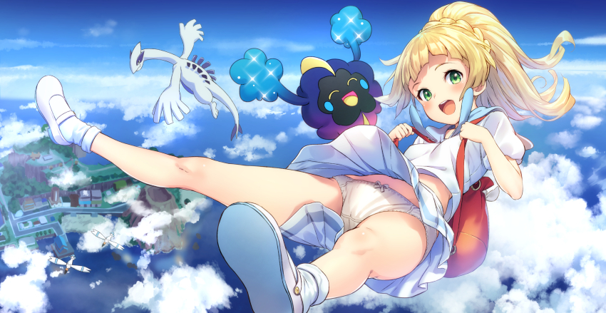 absurdres blonde_hair cosmog gen_2_pokemon gen_7_pokemon green_eyes highres legendary_pokemon lillie_(pokemon) lugia nintendo panties pokemon pokemon_(creature) pokemon_sm ponytail tenkuu_nozora underwear white_panties