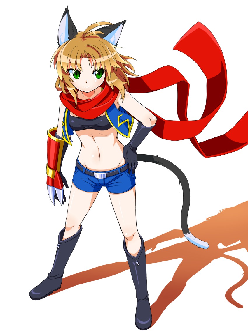 1girl absurdres animal_ears bandeau belt black_boots black_gloves boots brown_hair cat_ears cat_tail female_focus full_body gloves goushu green_eyes highres knee_boots m.u.g.e.n midriff navel raine_(marktwo) red_scarf scarf shadow shorts solo standing tail wind