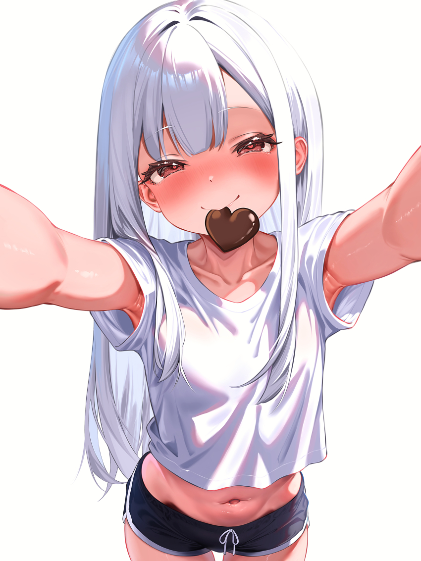 1girl absurdres armpits black_shorts bloom blush breasts candy chocolate chocolate_heart closed_mouth food food_in_mouth heart heart-shaped_food heart_in_eye highres kafun_nuigurumi lips long_hair looking_at_viewer midriff navel original outstretched_arms red_eyes shadow shirt shorts simple_background small_breasts smile solo symbol_in_eye valentine very_long_hair white_background white_hair white_shirt