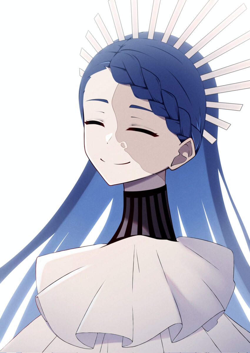 1girl ado_(utaite) blue_hair braid braided_bangs closed_eyes closed_mouth crown gira-gira-chan_(ado) gira_gira highres long_hair long_neck nori_(norinori_yrl) simple_background smile solo white_background