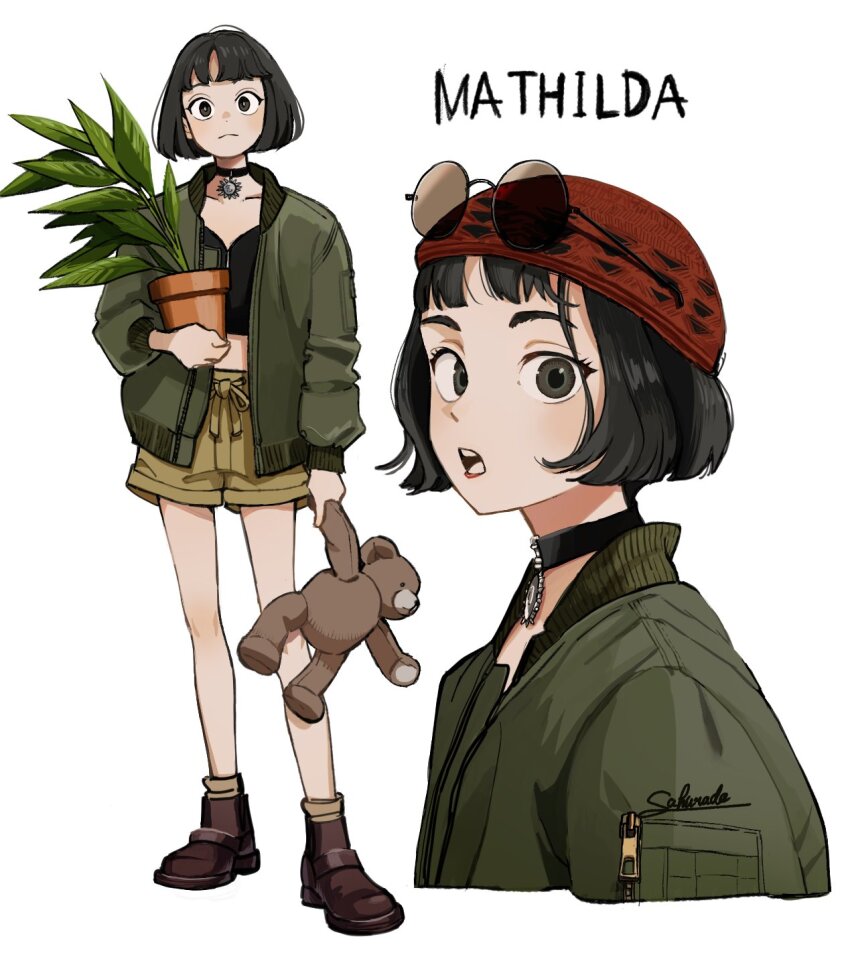 1girl :o animification ankle_boots black_choker black_eyes black_hair black_shirt bob_cut boots brown_footwear brown_shorts character_name choker closed_mouth crop_top cropped_shoulders eyewear_on_head flower_pot full_body green_jacket hat highres holding holding_flower_pot holding_stuffed_toy jacket knit_hat leon_the_professional lipstick long_sleeves looking_at_viewer makeup mathilda_lando multiple_views open_clothes open_jacket open_mouth pendant_choker plant potted_plant red_hat red_lips round_eyewear sakurada_kayoko shirt short_hair shorts signature simple_background standing stuffed_animal stuffed_toy sunglasses teddy_bear white_background