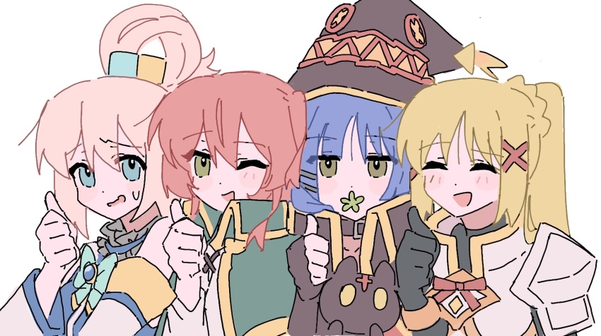 4girls ahoge aqua_(konosuba) aqua_(konosuba)_(cosplay) blonde_hair blue_eyes blue_hair blush bocchi_the_rock! chomusuke cosplay cube_hair_ornament darkness_(konosuba) darkness_(konosuba)_(cosplay) detached_ahoge gotoh_hitori green_eyes hair_ornament hairclip hat ijichi_nijika kita_ikuyo kono_subarashii_sekai_ni_shukufuku_wo! megumin megumin_(cosplay) multiple_girls one_eye_closed parody pink_hair red_hair satou_kazuma satou_kazuma_(cosplay) thumbs_up tomorrow_(konosuba) upper_body witch_hat x_hair_ornament yamada_ryo yunayuispink