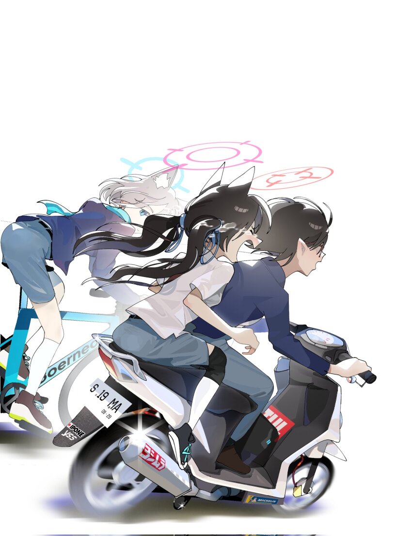 3girls animal_ears ayane_(blue_archive) bicycle black_footwear black_hair blue_archive blue_eyes blue_jacket blue_scarf blue_skirt brown_footwear cat_ears closed_eyes commentary exhaust_pipe from_side glasses grey_hair halo highres indonesian_high_school_uniform jacket long_hair long_sleeves looking_at_another motor_vehicle motorcycle multiple_girls open_mouth pointy_ears riding riding_bicycle scarf school_uniform serika_(blue_archive) shiroko_(blue_archive) shirt shoes short_hair skirt socks twintails umar_langit white_background white_shirt white_socks wolf_ears yamaha yamaha_mio