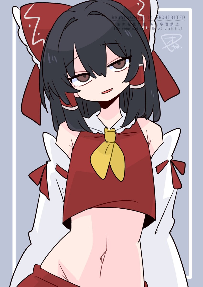 1girl armpit_crease ascot black_hair bow brown_eyes collar crop_top detached_sleeves frilled_bow frills hair_bow hair_intakes hair_tubes hakurei_reimu highres looking_at_viewer midriff navel nontraditional_miko op_na_yarou raised_eyebrows red_bow red_skirt ribbon_trim sidelocks skirt skirt_set sleeveless smile solo touhou white_collar yellow_ascot
