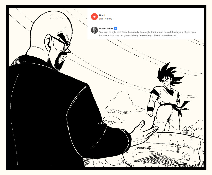 2boys animification bald black_border border breaking_bad commentary crossover dougi dragon_ball dragonball_z english_commentary english_text facial_hair glasses goatee highres jacket monochrome multiple_boys open_hand open_mouth screenshot_inset shadow son_goku spiked_hair toriyama_akira_(style) walter_white xtremexavier