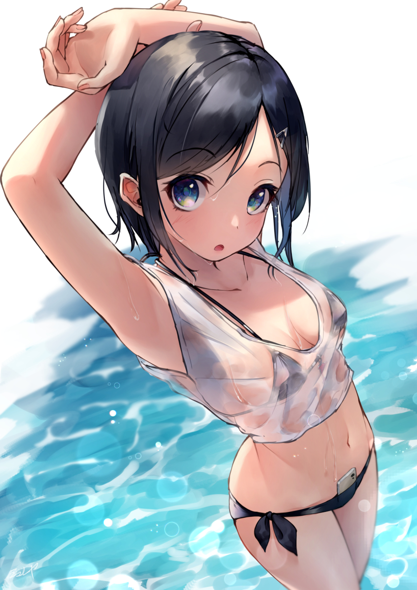 1girl 200f_(nifu) absurdres armpits arms_behind_head arms_up backlighting bikini black_bikini black_hair blush bob_cut breasts caustics cellphone charm_(object) collarbone crop_top day dolphin dripping duplicate foreshortening from_above hair_ornament hairclip halterneck highres lens_flare looking_at_viewer medium_breasts navel object_in_clothes object_in_swimsuit open_mouth original outdoors parted_bangs phone see-through_clothes shiny_clothes shirt short_hair short_sleeves side-tie_bikini_bottom smartphone solo standing string_bikini swimsuit underboob wading water wet wet_clothes wet_shirt