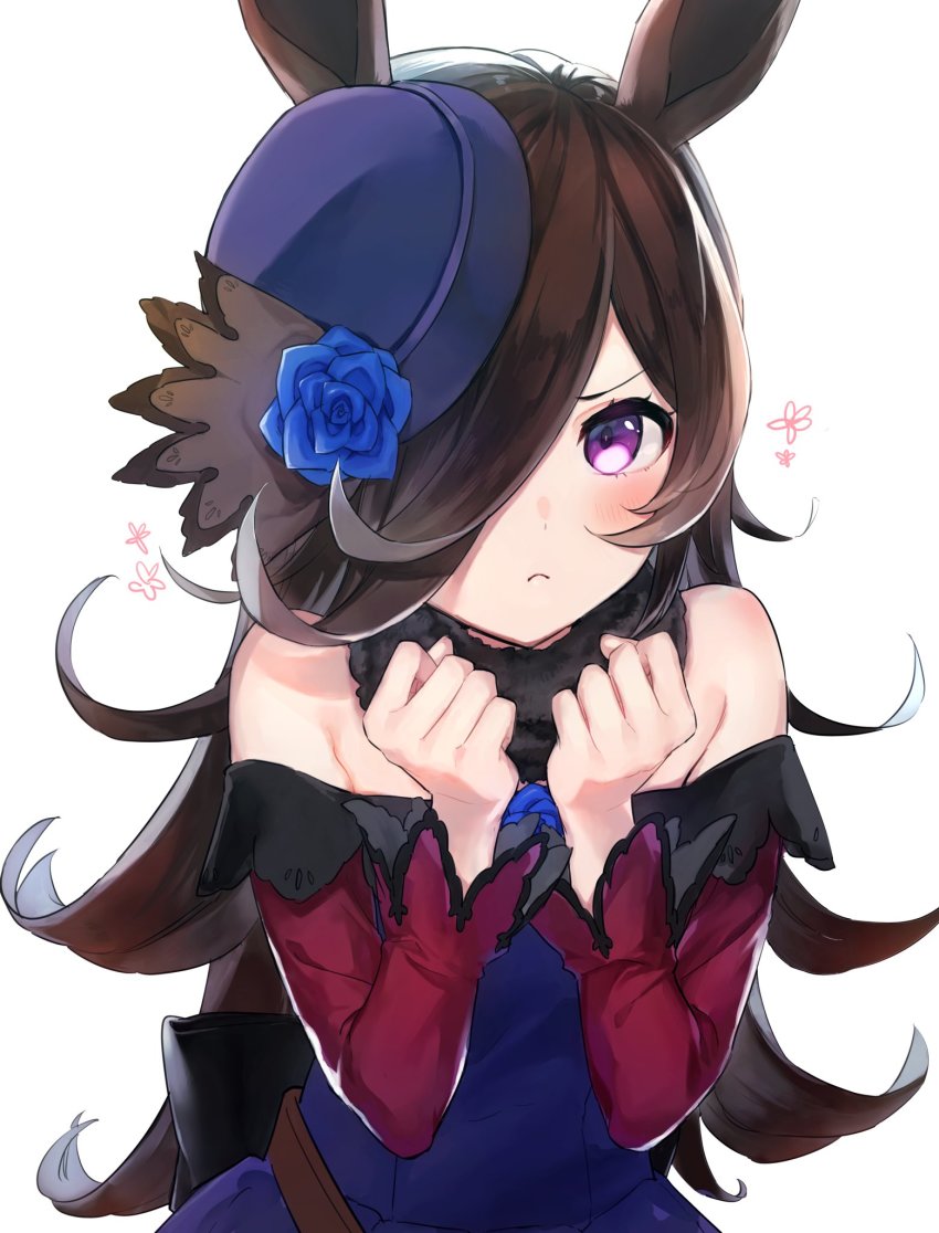 1girl blue_dress blue_flower blue_hat blue_rose blush brown_hair clenched_hands commentary dress flower hair_over_one_eye hat hat_flower highres long_hair looking_at_viewer niimaru off-shoulder_dress off_shoulder purple_eyes rice_shower_(umamusume) rose simple_background solo tilted_headwear umamusume upper_body white_background
