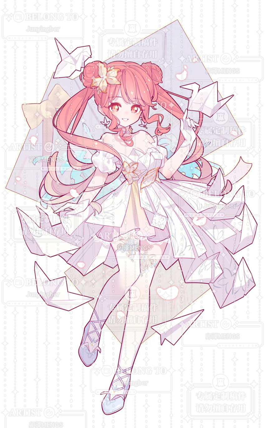 1girl bare_shoulders blue_shoes bow breasts choker cleavage commission double_bun dress earrings floating floating_object flower full_body gloves hair_bun hair_flower hair_ornament happy highres jewelry light_particles long_hair miniskirt mizemengs neck_flower nikki_(nikki) nikki_(series) origami paper paper_airplane paper_crane petals pink_hair pleated_skirt puffy_short_sleeves puffy_sleeves sample_watermark shining_nikki shoes short_sleeves sidelocks skirt skirt_under_dress solo sparkle standing strapless strapless_dress thighhighs too_many_watermarks twintails watermark wavy_hair white_background white_choker white_dress white_gloves white_sleeves white_thighhighs yellow_bow yellow_flower yellow_skirt