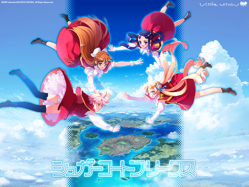 blonde_hair blue_hair brown_hair freefall jill_gransyrto_ruritania len_(sugarcoat_freaks) littlewitch malie_lawland marie_lowland official_art official_wallpaper ooyari_ashito pink_hair school_uniform sugarcoat_freaks tamahime