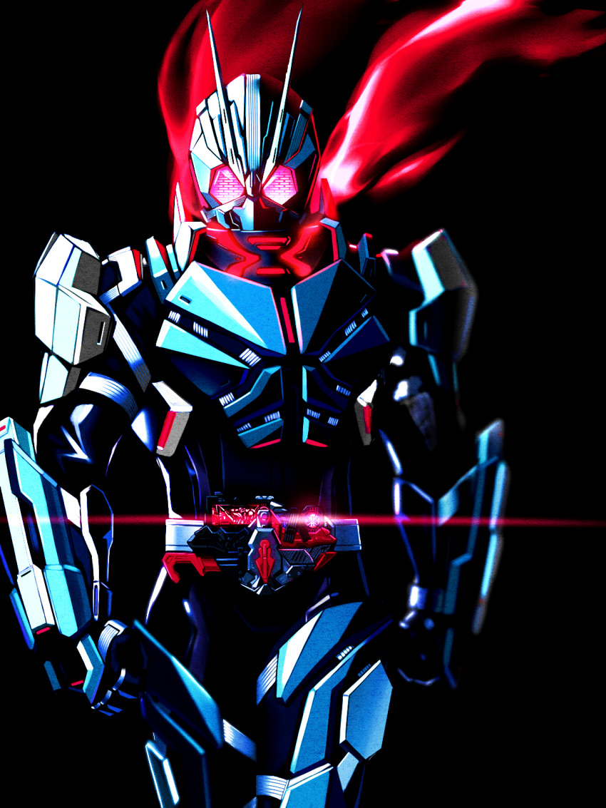 1boy antennae armor black_background blue_armor body_armor compound_eyes full_armor highres kamen_rider kamen_rider:_reiwa_the_first_generation kamen_rider_01_(series) kamen_rider_type-1 kooun_no_ryuusei_zero looking_at_viewer pink_eyes progrise_key rider_belt rider_gashat simple_background solo tokusatsu