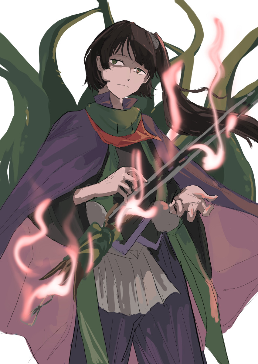 1other absurdres adagumo_no_yaorochi androgynous black_hair black_kimono blue_hakama bottle_opener cape chinese_commentary closed_mouth coat collared_cape commentary_request fire frown green_coat green_eyes green_scarf hakama hakama_pants highres japanese_clothes kanghan_kang_yanjian kimono len&#039;en long_hair long_sleeves looking_at_viewer multiple_tails neckerchief other_focus outstretched_hand pants pom_pom_(clothes) ponytail_holder purple_cape red_neckerchief scarf side_ponytail simple_background sleeveless sleeveless_coat slit_pupils snake_tail solo sword sword_of_kusanagi tail tasouken weapon white_background wide_sleeves