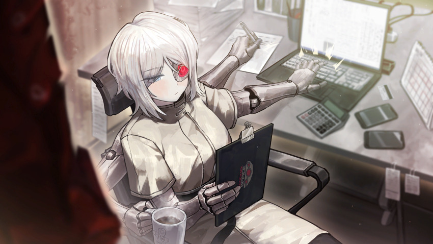 1girl 1other artificial_eye blue_eyes calculator calendar_(object) cellphone chair clipboard closed_mouth coat coffee coffee_mug collared_coat computer credit_card cup desk extra_arms faust_(project_moon) game_cg highres holding holding_clipboard holding_cup holding_pen laptop limbus_company mechanical_arms mechanical_eye medium_hair mug multicrack_office_(identity)_(project_moon) multitasking office office_chair official_alternate_costume official_art paper paper_stack pen pen_holder phone project_moon prosthesis prosthetic_arm reading sitting solo_focus swivel_chair third-party_source typing white_coat white_hair wire writing