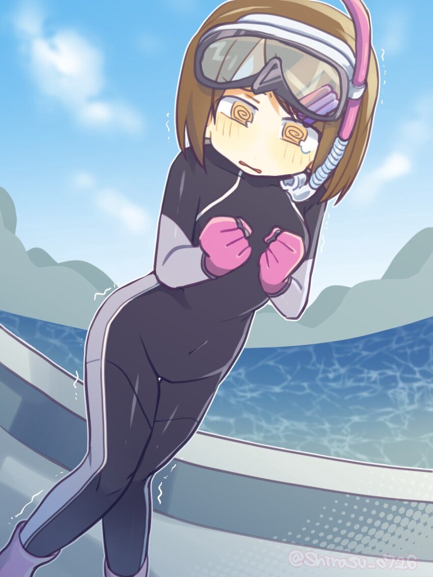 1girl @_@ black_wetsuit brown_hair clenched_hands covered_navel day diving_mask diving_suit gloves goggles goggles_on_head highres looking_at_viewer nm_shirasu ocean open_mouth outdoors pink_gloves short_hair solo tenko_(tenshoku_tenko_no_shokugyou_zukan!) tenshoku_tenko_no_shokugyou_zukan! wavy_mouth yellow_eyes