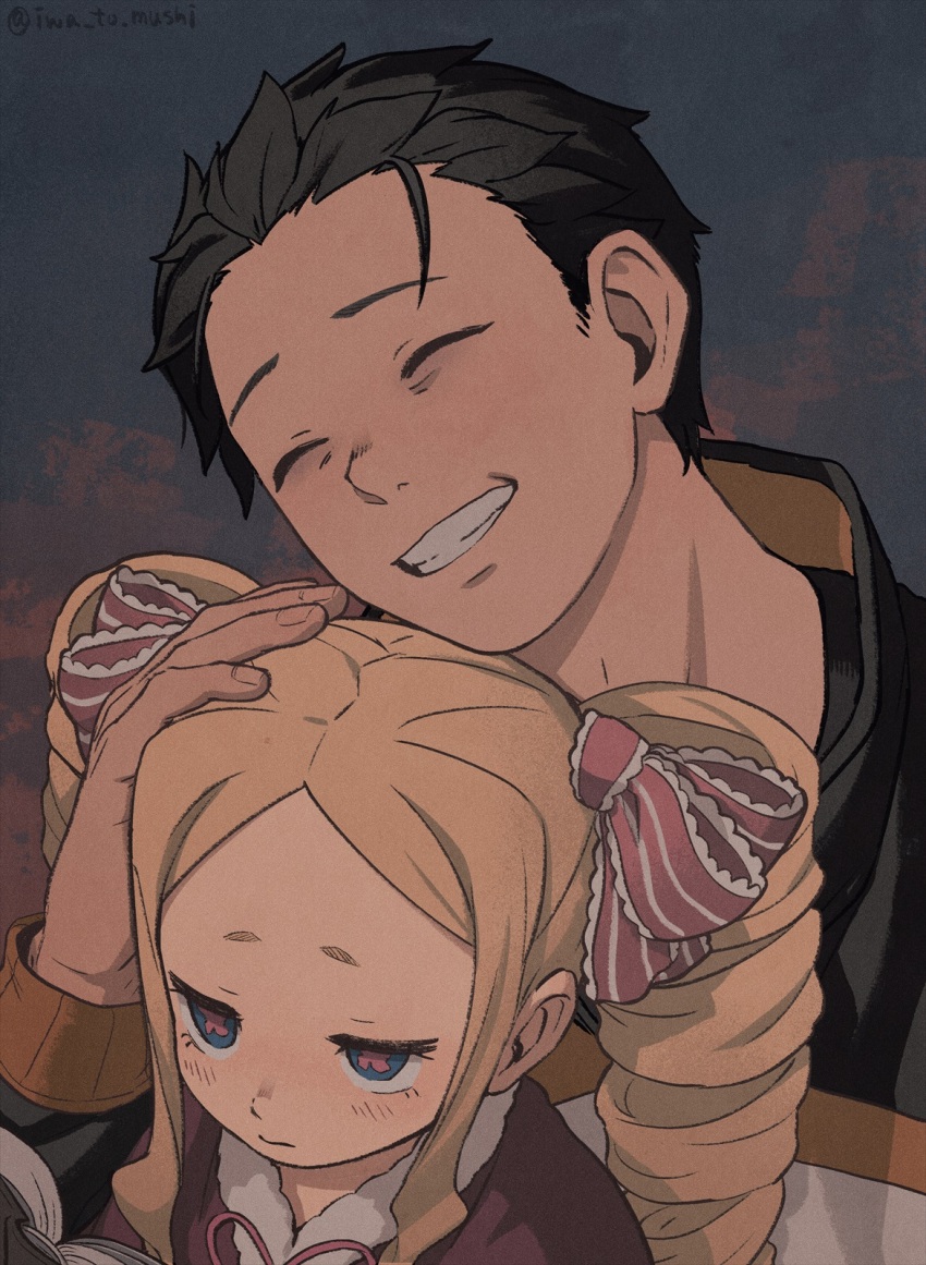 1boy 1girl bad_id bad_twitter_id beatrice_(re:zero) black_hair blonde_hair blue_eyes blush book butterfly-shaped_pupils capelet closed_eyes closed_mouth commentary_request drill_hair fingernails grin hair_ribbon hand_on_another&#039;s_head head_tilt highres iwamushi jacket long_hair natsuki_subaru parted_bangs pink_ribbon re:zero_kara_hajimeru_isekai_seikatsu ribbon shirt short_hair sidelocks smile striped_ribbon symbol-shaped_pupils teeth track_jacket twin_drills twitter_username