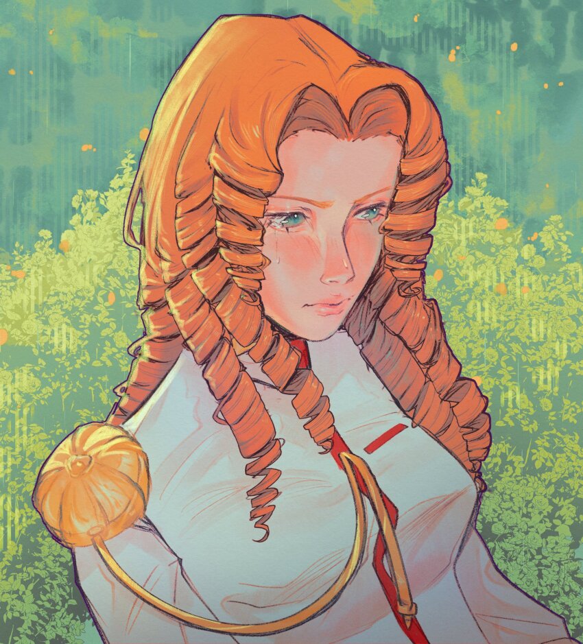 1girl arisugawa_juri curtained_hair green_background green_eyes highres lips middle_part outdoors purplerider ringlets shoujo_kakumei_utena solo student_council_uniform tears upper_body
