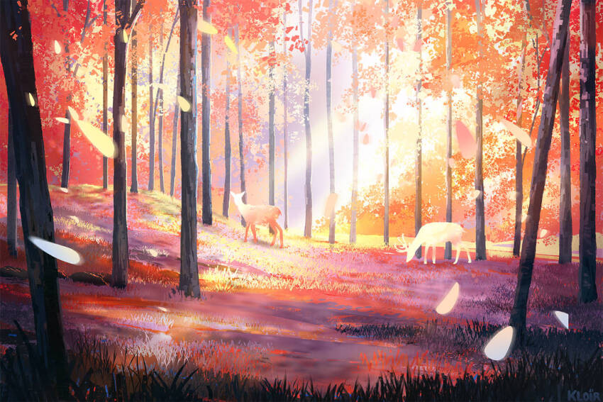 commentary deer english_commentary forest kloir landscape nature original painterly petals pink_fur pink_leaf red_grass red_leaf scenery spirit sunlight wings