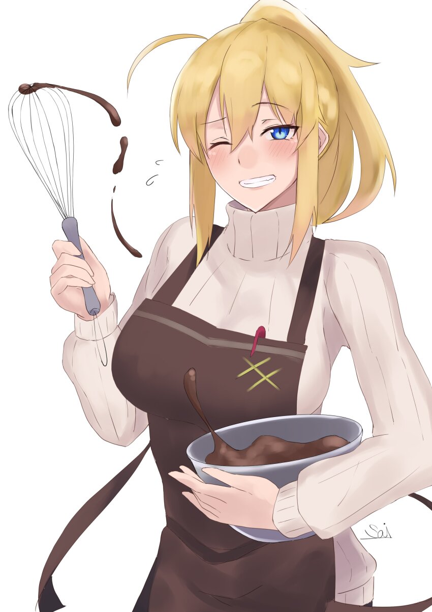 1girl absurdres ahoge apron artoria_pendragon_(fate) blonde_hair blush bowl breasts brown_apron chocolate fate/grand_order fate_(series) grin hair_between_eyes highres large_breasts long_hair long_sleeves looking_at_viewer mysterious_heroine_xx_(fate) one_eye_closed ponytail ribbed_sweater s4ika sidelocks smile sweater turtleneck turtleneck_sweater variant_set whisk white_background white_sweater