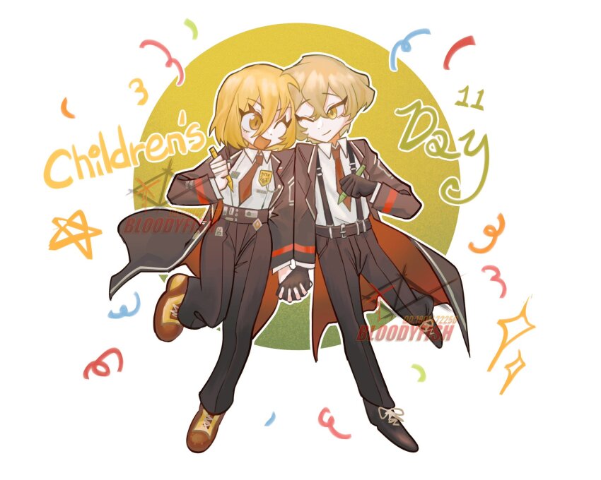 1boy 1girl black_coat black_gloves black_pants black_shoes blonde_hair brown_shoes closed_mouth coat collared_shirt confetti don_quixote_(project_moon) drownin124 full_body gloves highres holding_hands limbus_company long_sleeves looking_at_another necktie one_eye_closed pants project_moon red_necktie shirt shoes short_hair simple_background sinclair_(project_moon) standing white_background white_shirt yellow_eyes