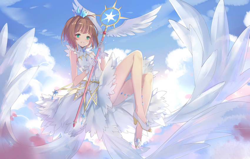 1girl :d ahoge blue_sky blunt_bangs blush breasts brown_hair cardcaptor_sakura cardcaptor_sakura_clear_card_arc clamp_(circle)_(style) cloud collar commentary crown day diamond_(shape) dress eyelashes feathered_wings flying full_body gloves green_eyes hair_intakes highres holding holding_staff kikistark kinomoto_sakura kinomoto_sakura_(clear_wings) knees_up legs looking_at_viewer magical_girl mini_crown open_mouth outdoors romaji_commentary short_hair sky small_breasts smile solo staff star_(symbol) white_collar white_dress white_footwear white_gloves white_wings wing_ornament wings