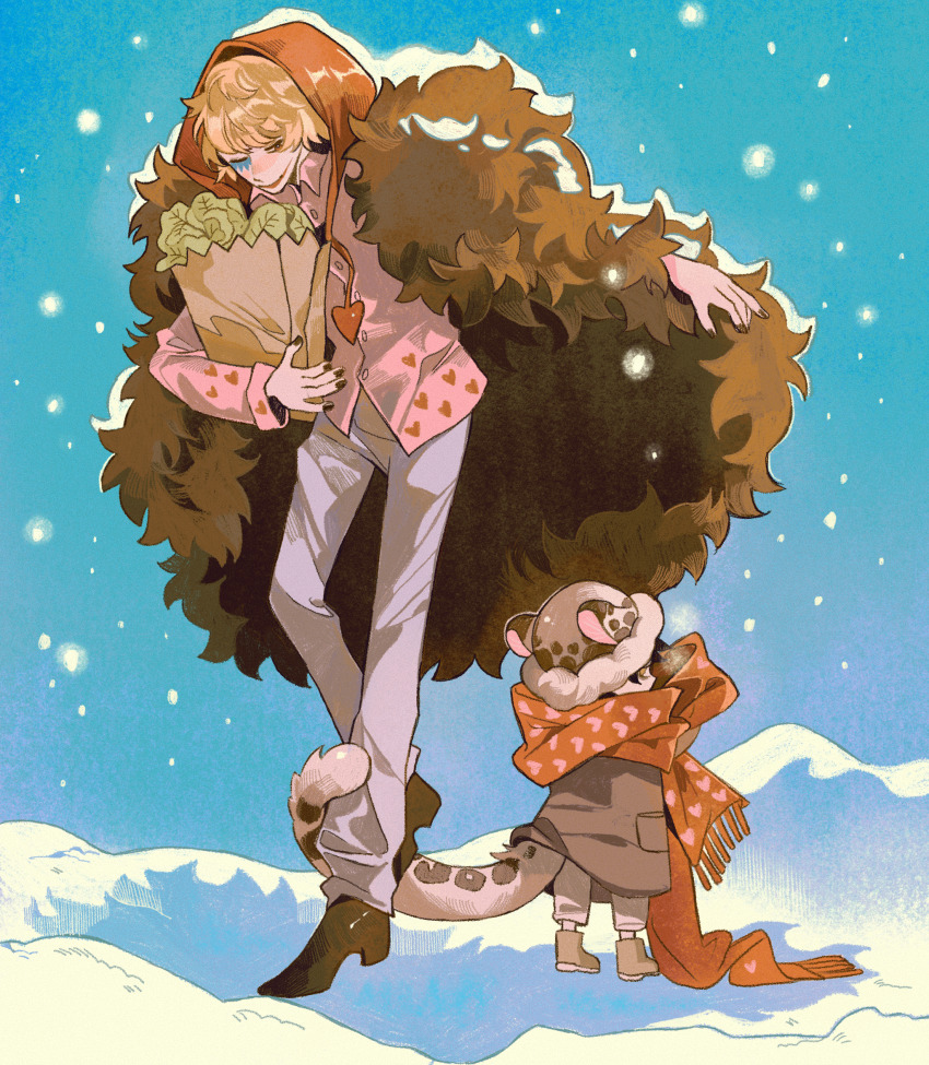 2boys aged_down animal_ears bag black_fur black_hair black_nails black_shoes blonde_hair boots brown_shoes buttons closed_mouth coat commentary donquixote_rocinante eye_contact full_body fur_coat grey_coat grey_pants hat heart highres holding holding_bag long_sleeves looking_at_another looking_back makeup male_focus multiple_boys nail_polish one_piece outstretched_arm pants paper_bag pink_shirt red_hat red_scarf scarf shirt shoes short_hair smile snow snow_leopard_boy snow_leopard_ears snow_leopard_tail snowing symbol-only_commentary tail tail_around_another&#039;s_leg tail_wrap trafalgar_law white_hat white_pants yellow_eyes yingtaoyeye67417