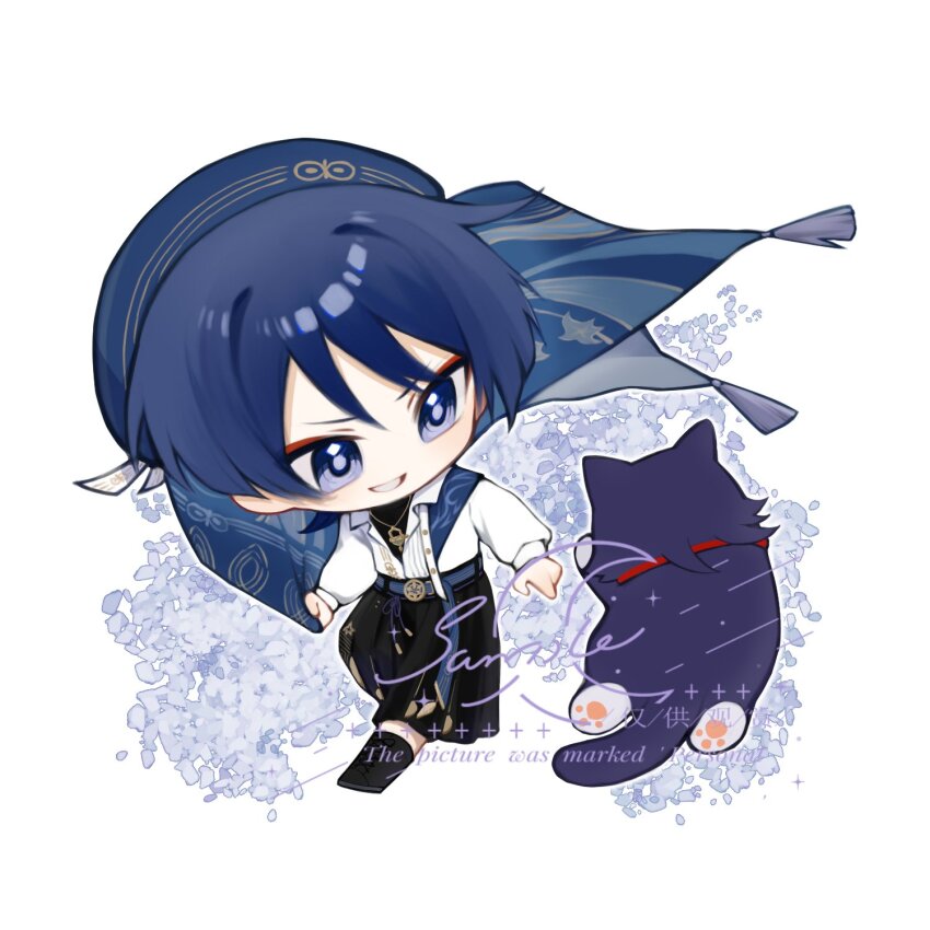 1boy alternate_costume animal_print animalization arms_at_sides belt beret bird_print black_boots black_hair black_pants black_undershirt blue_belt blue_hat blue_shawl blunt_ends boots casual chibi collared_shirt contemporary crescent eyeliner eyeshadow fringe_trim full_body genshin_impact gold_buckle gold_necklace gold_pendant gold_trim grey_trim hakama hakama_pants hat highres holding_shawl japanese_clothes jewelry lace-up_boots long_sleeves looking_at_another makeup male_focus necklace official_alternate_costume open_mouth pants person_and_animalization pleated_pants purple_cat purple_eyes red_eyeliner red_eyeshadow sample_watermark scaramouche_(cat)_(genshin_impact) scaramouche_(genshin_impact) shawl shirt smirk solo standing tujiang6 wanderer_(genshin_impact) wanderer_(wanderer_impression)_(genshin_impact) watermark white_mouth white_shirt white_sleeves wing_collar