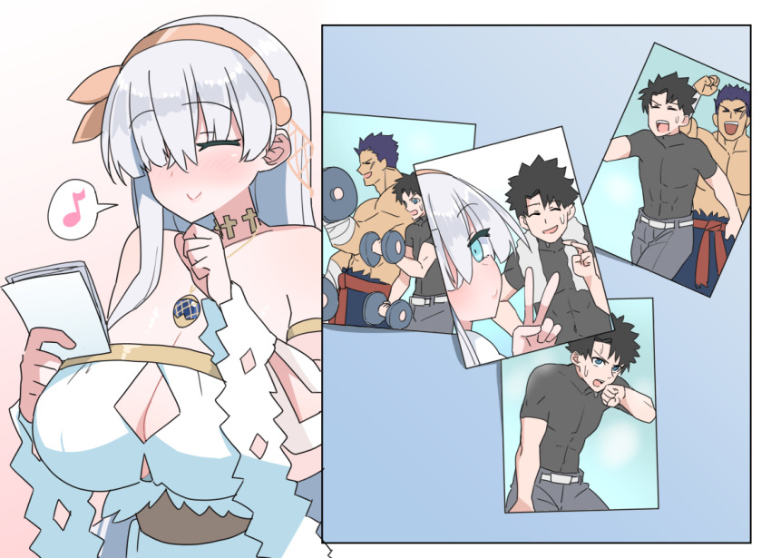 1girl 2boys akitokage anastasia_(fate) barbell black_hair black_shirt blue_eyes breasts cleavage cleavage_cutout clenched_hand closed_eyes clothing_cutout collarbone covered_abs dress exercising fate/grand_order fate_(series) fergus_mac_roich_(fate) fujimaru_ritsuka_(male) grey_hair grey_pants hairband holding holding_photo jewelry large_breasts multiple_boys muscular muscular_male musical_note necklace pants photo_(object) shirt smile spoken_musical_note sweatdrop topless_male weightlifting white_dress