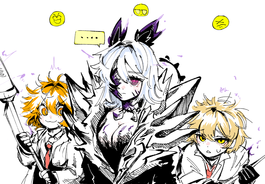 1boy 2girls ;3 animal_ears b_gaemi blonde_hair breasts cleavage closed_mouth don_quixote_(project_moon) e.g.o_(project_moon) faust_(project_moon) highres holding holding_weapon jewelry large_breasts limbus_company multiple_girls necklace one_eye_closed open_mouth partially_colored project_moon purple_eyes simple_background sinclair_(project_moon) static_electricity sweat telepole_(e.g.o) tooth_necklace weapon white_background white_hair wolf_ears yellow_eyes