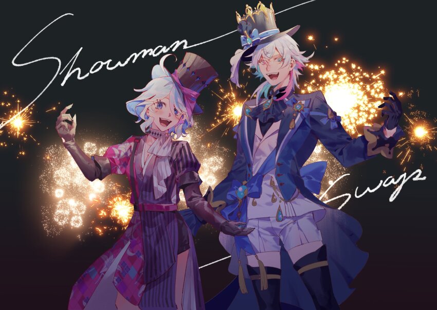 1boy 1girl ahoge ascot black_gloves black_shorts blue_ascot blue_eyes blue_hair blush coat commentary cosplay costume_switch crossover dark_background english_commentary english_text fireworks furina_(genshin_impact) furina_(genshin_impact)_(cosplay) gavis_bettel gavis_bettel_(cosplay) genshin_impact gloves grey_hair hat hat_ribbon heterochromia highres holostars holostars_english lynnear multicolored_coat multicolored_hair open_mouth pink_eyes ribbon scarf short_hair shorts smile standing striped_clothes thighhighs top_hat vertical-striped_clothes virtual_youtuber white_scarf white_shorts