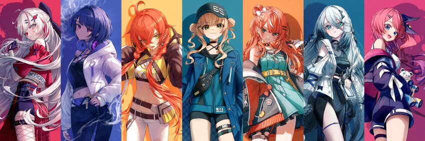 6+girls absurdres ahoge aiguillette aqua_background aqua_dress aqua_eyes aqua_jacket armillarphere_v asymmetrical_legwear baseball_cap belt bike_shorts black_bow black_choker black_shorts blonde_hair blue_eyes blunt_bangs bow bowtie breasts cat_pin chest_harness choker cigarette coat collarbone collared_shirt contrapposto cowboy_shot criss-cross_halter crop_hoodie crop_top cropped_jacket crossed_bangs curly_hair curly_sidelocks double_bun drawstring dress dress_shirt drop_shadow earrings fanny_pack fingerless_gloves fishnet_pantyhose fishnets floating_earrings frilled_skirt frills from_behind from_below from_side garter_straps gloves green_eyes grey_eyes grey_hair hair_bow hair_bun hair_intakes hair_ornament hair_over_shoulder hairclip hairpin halter_shirt halterneck hands_in_pockets harness hat headphones headphones_around_neck heterochromia high-waist_shorts high_belt high_side_ponytail highres holding holding_cigarette holding_stuffed_toy hood hood_down hooded_jacket idios igarashi_rika igarashi_rika_(1st_costume) ishigami_nozomi ishigami_nozomi_(1st_costume) jacket jacket_partially_removed jewelry kaburaki_roco kaburaki_roco_(1st_costume) koshimizu_toru koshimizu_toru_(1st_costume) kuramochi_meruto kuramochi_meruto_(1st_costume) lapels layered_skirt lineup long_hair long_skirt long_sleeves looking_at_viewer looking_back medal medium_breasts medium_hair midriff mole mole_under_eye multicolored_hair multiple_girls navel necktie nijisanji number_print o-ring o-ring_choker off_shoulder open_clothes open_jacket orange_background orange_hair overall_skirt pants pantyhose paw_print pencil_skirt pink_background pink_hair plaid_belt plaid_clothes purple_background purple_eyes purple_nails red_background rene_(kuramochi_meruto) shirt shishido_akari shishido_akari_(1st_costume) shorts shrug_(clothing) simple_background single_garter_strap single_hair_bun skirt sleeve_bow sleeveless sleeveless_shirt sleeves_past_wrists small_breasts smile smoke smoke_trail smoking sophia_valentine sophia_valentine_(1st_costume) sports_bra standing star_(symbol) star_hair_ornament straight-on streaked_hair stuffed_animal stuffed_toy swept_bangs teddy_bear thigh_strap thighhighs tight_clothes tight_pants torn_clothes torn_pants trench_coat two-sided_coat two-sided_fabric undershirt uneven_legwear virtual_youtuber white_jacket white_pants white_shirt wing_collar yellow_background zipper zipper_pull_tab